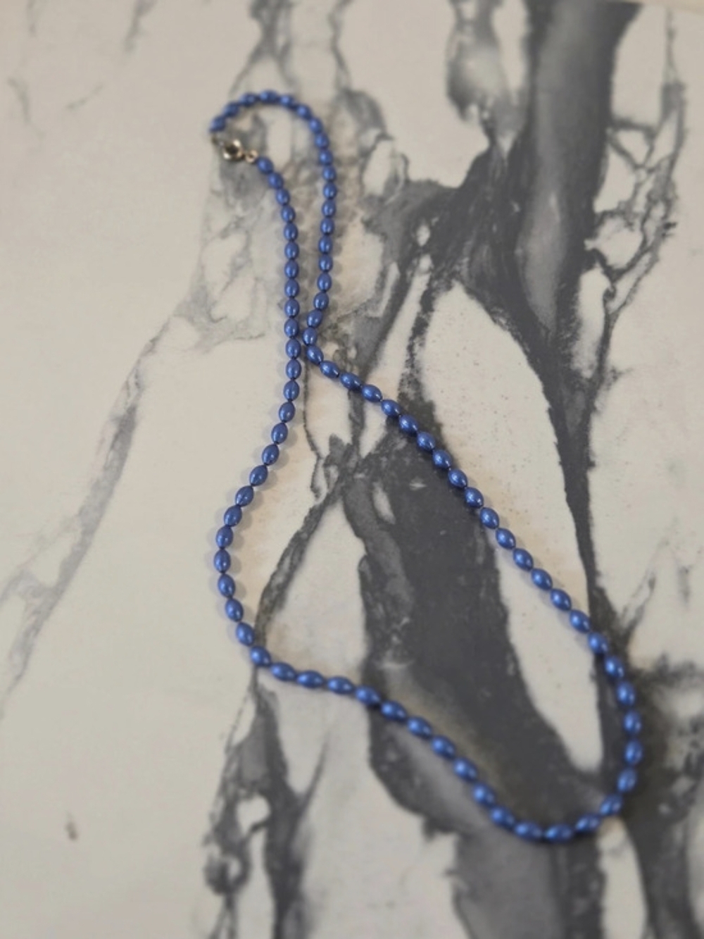 Vintage MONET Royal Blue Rice Pearl Strand Necklace Signed 22”